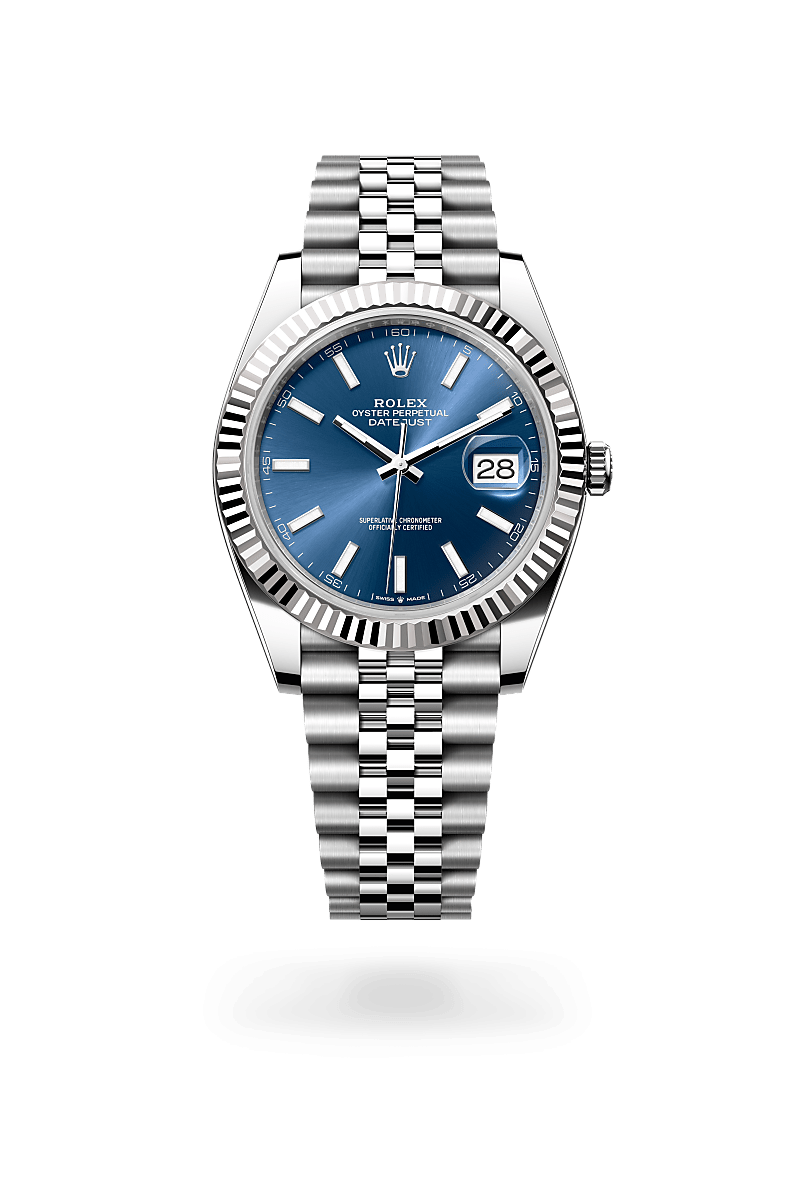 Men's Silver Quartz Watch with Blue Dial - Date Display, Fluted Bezel and Jubilee Bracelet - Luxury Inspired