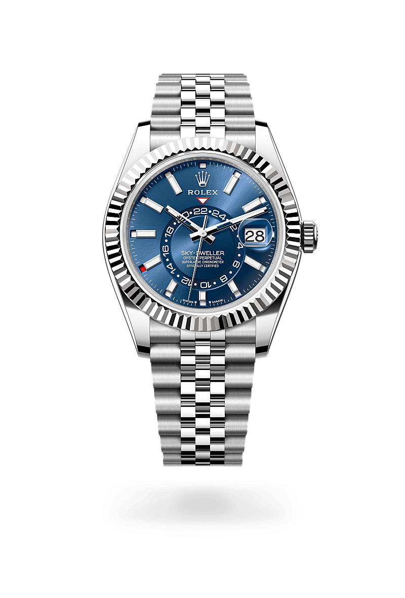 Men's Silver Quartz Watch with Blue Dial - Dual Time Zone Display, Date Magnifier and Jubilee Bracelet