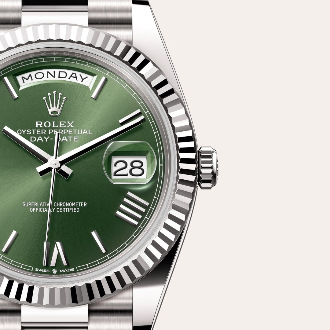 Men's Silver Quartz Watch with Green Dial - Day & Date Display, Roman Markers and President Bracelet