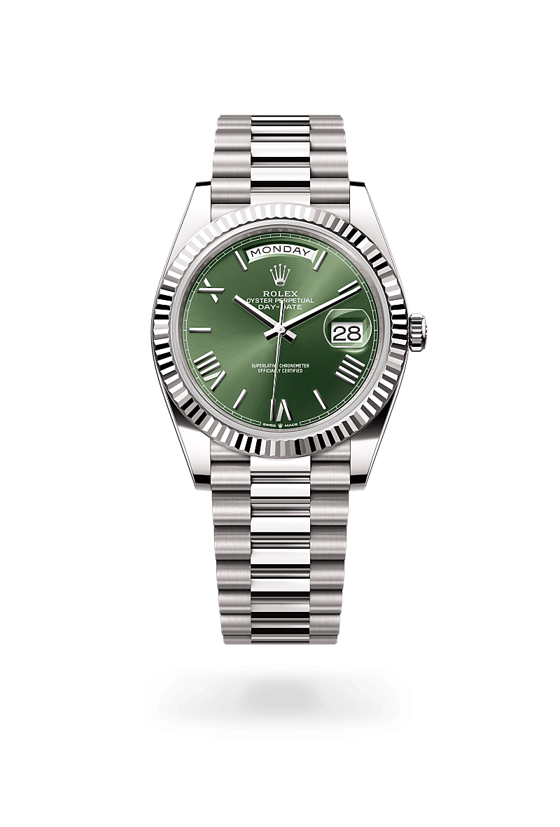 Men's Silver Quartz Watch with Green Dial - Day & Date Display, Roman Markers and President Bracelet